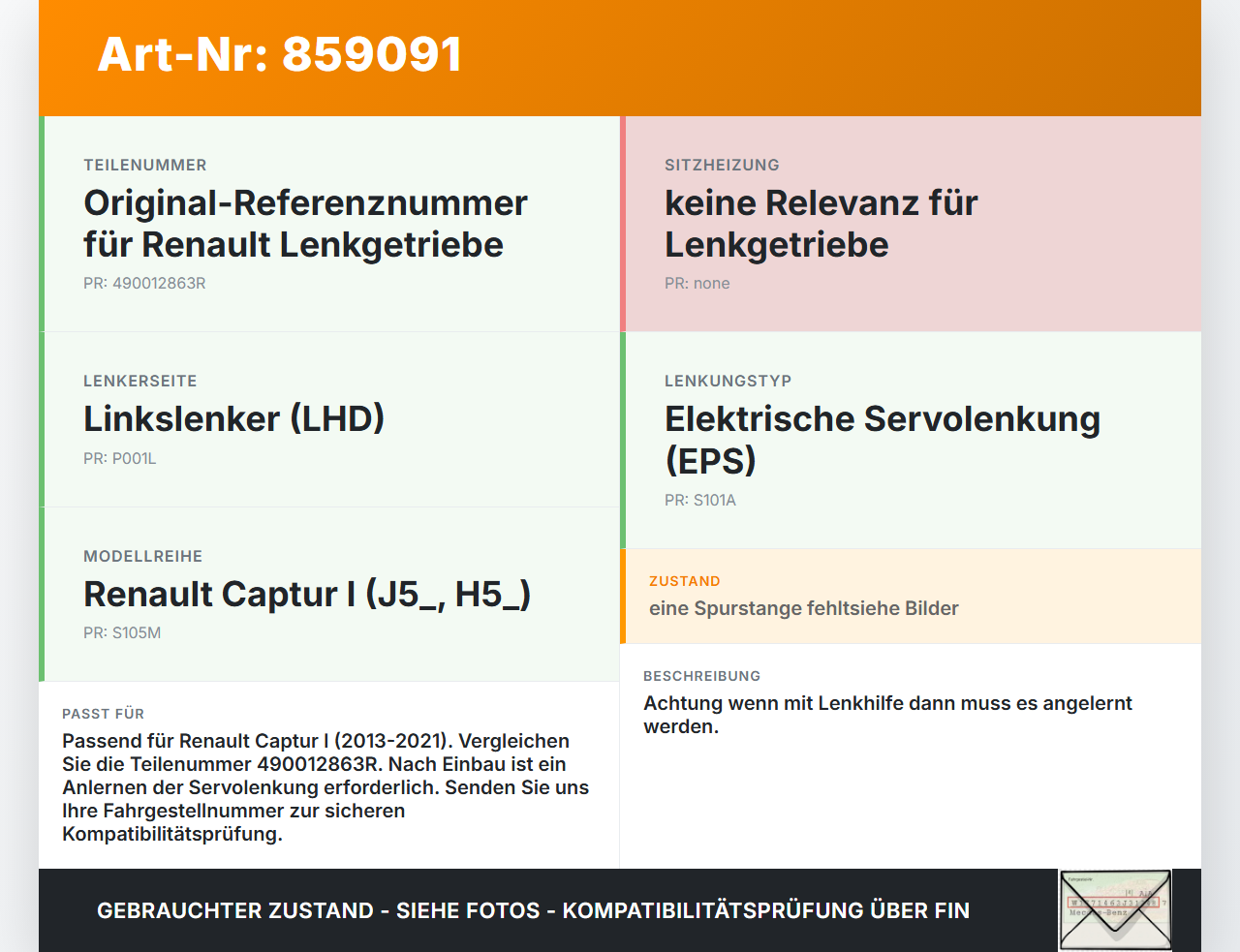 Renault Captur I  13-21 Lenkgetriebe Servolenkung Renault Captur I  13-21 19.09.2019 490012863R gebraucht Vorschau 3