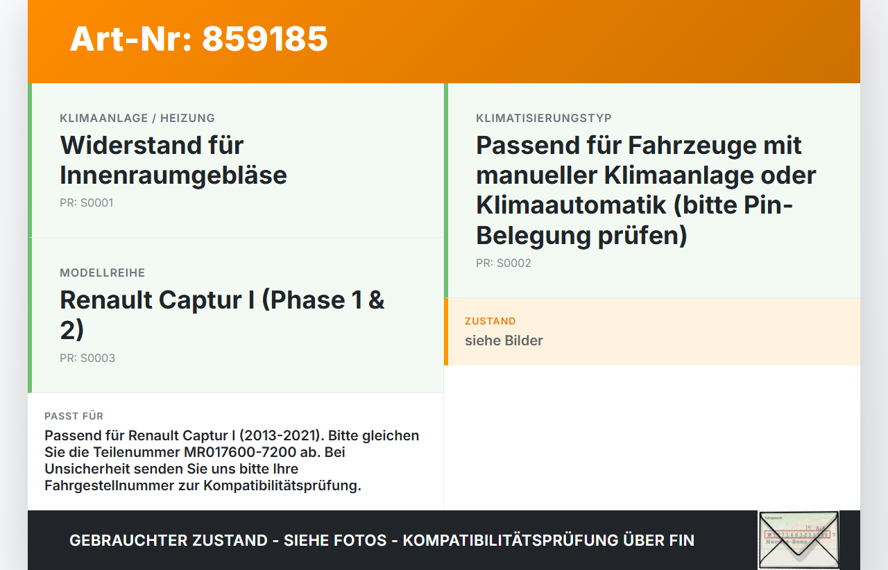Renault Captur I  13-21 Widerstand Gebläse Lüfter Renault Captur I  13-21 19.09.2019 MR017600-7200 gebraucht Vorschau 3
