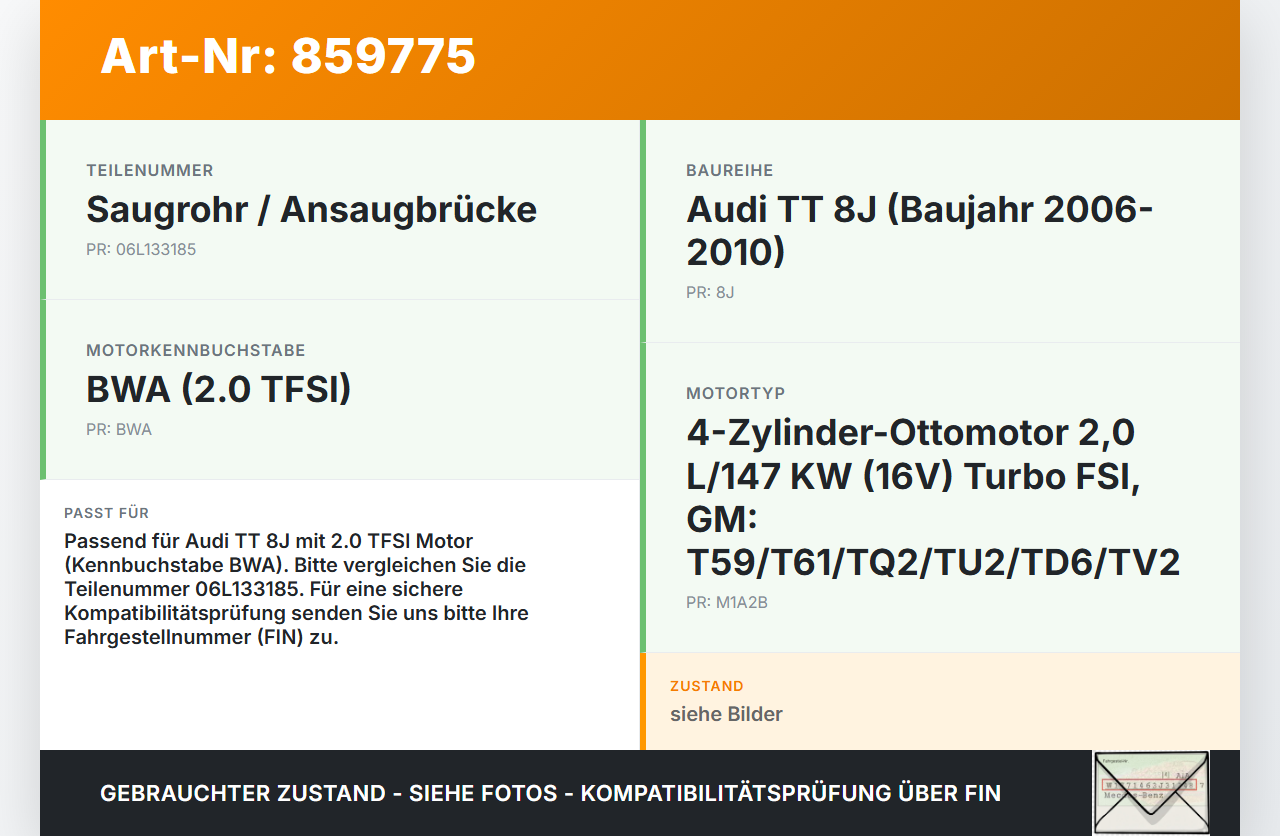 Audi TT 8J 06-10 TFSI 2,0 147KW BWA Ansaugbrücke Ansaugkrümmer Audi TT 8J 06-10 11.11.2006 06L133185 gebraucht Vorschau 3