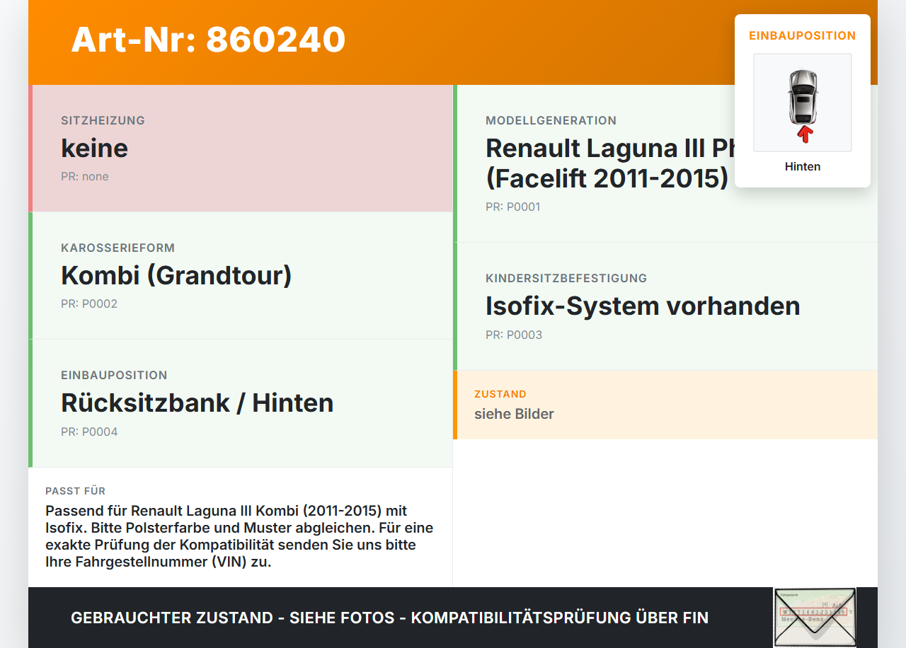 Renault Laguna III K91 11-15 Kombi Sitzpolster für Rücksitzbank Hinten Isofix Renault Laguna III K91 11-15... Vorschau 3