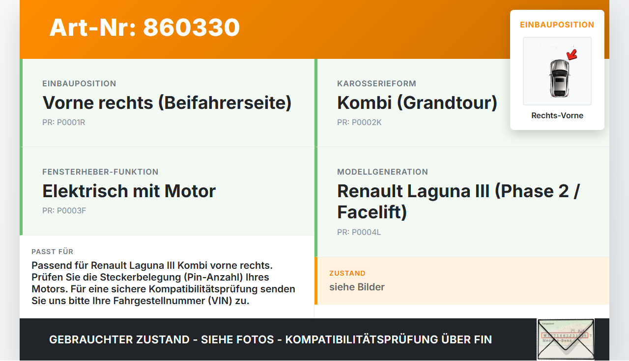 Renault Laguna III K91 11-15 Kombi Fensterhebermotor mit Fensterheber Rechts Vorne Renault Laguna III K91 11-15... Vorschau 3