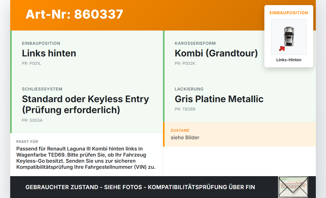 Renault Laguna III K91 11-15 Kombi Türgriff Griff aussen Links Hinten TED69 Renault Laguna III K91 11-15 23.01.2012... Vorschau 3