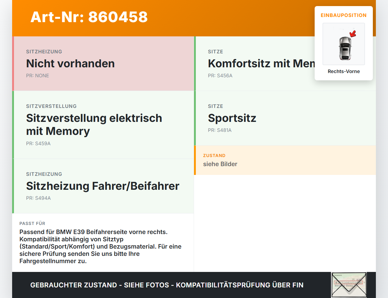 BMW 5er E39 523i 95-00 Lim Kopfstütze Beifahrersitz Rechts Vorne BMW 5er E39 523i 95-00 26.03.1996 gebraucht Vorschau 3