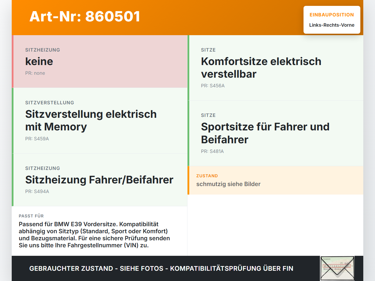 BMW 5er E39 523i 95-00 Kopfstütze für Fahrer Sitz Rechts oder Links Vorne BMW 5er E39 523i 95-00 26.03.1996 gebraucht Vorschau 3