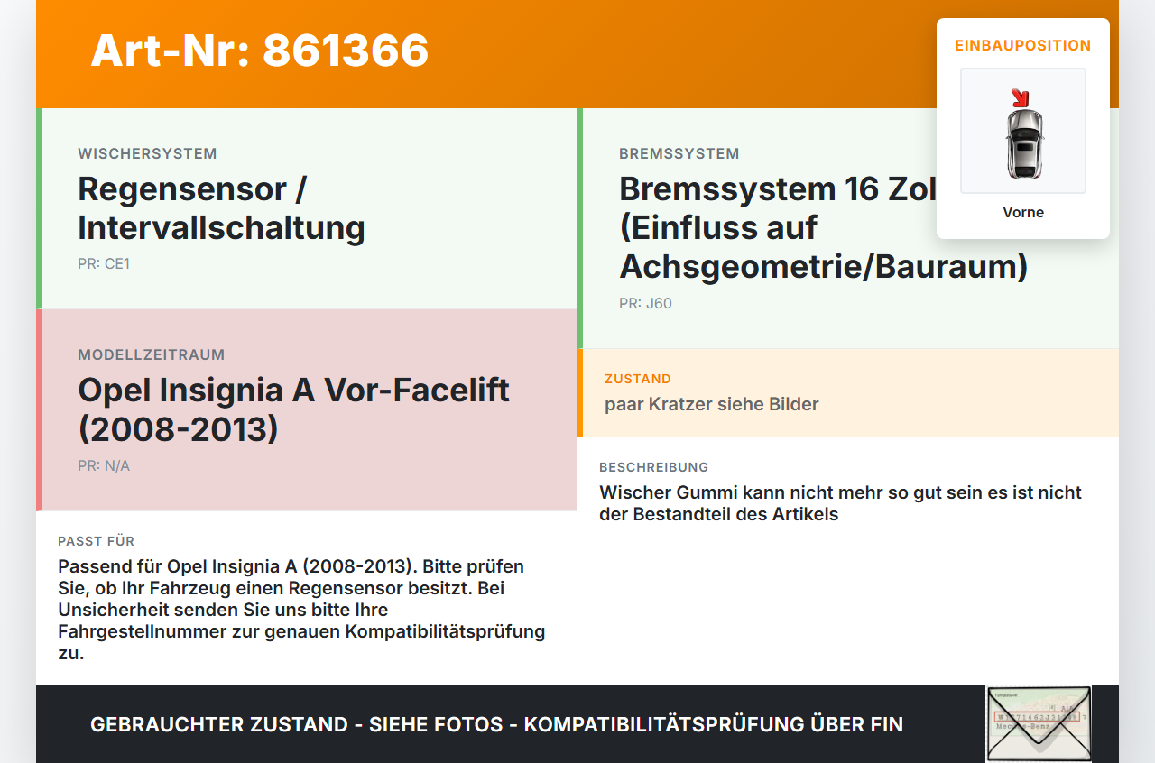 Opel Insignia A 08-13 2x Scheibenwischer Wischarm Vorne Opel Insignia A 08-13 22.10.2008 gebraucht Vorschau 3