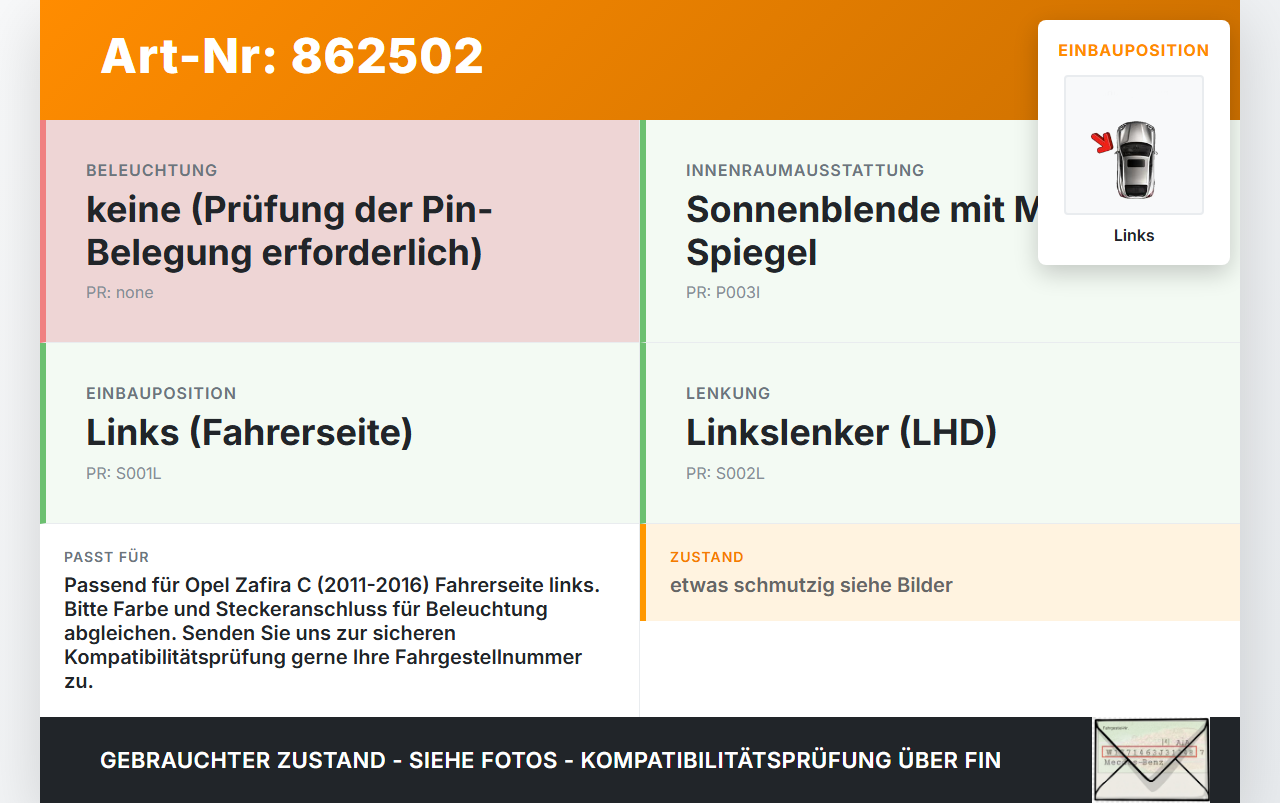Opel Zafira C 11-16 Sonnenblende Links für Fahrer Opel Zafira C 11-16 25.07.2012 gebraucht Vorschau 3