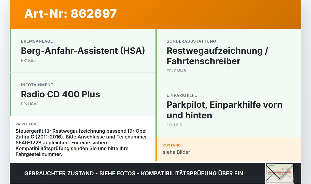 Opel Zafira C 11-16 Steuergerät ECU Modul SG Restwegaufzeichnung Opel Zafira C 11-16 25.07.2012 8546-1228 gebraucht Vorschau 3