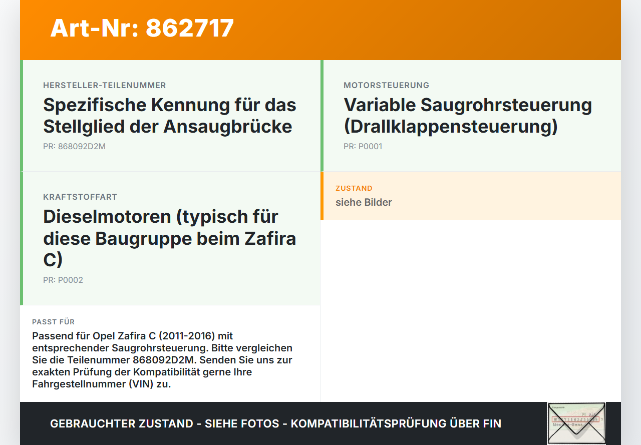 Opel Zafira C 11-16 Stellmotor für Ansaugbrücke Opel Zafira C 11-16 25.07.2012 868092D2M gebraucht Vorschau 3