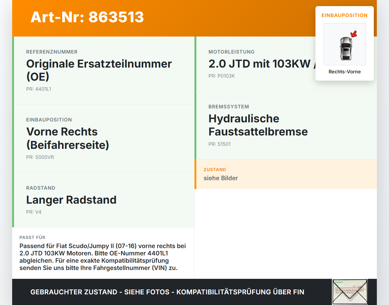 Fiat Scudo Jumpy  II 07-16 JTD 2,0 103KW Bremssattel Bremszange Vorne Rechts Fiat Scudo Jumpy  II 07-16 30.04.2007... Vorschau 3