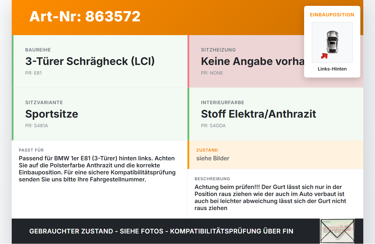 BMW E81 1er 116i LCI 07-13 3T Gurt Sicherheitsgurt Links Hinten BMW E81 1er 116i LCI 07-13 11.03.2010 6070511007... Vorschau 3