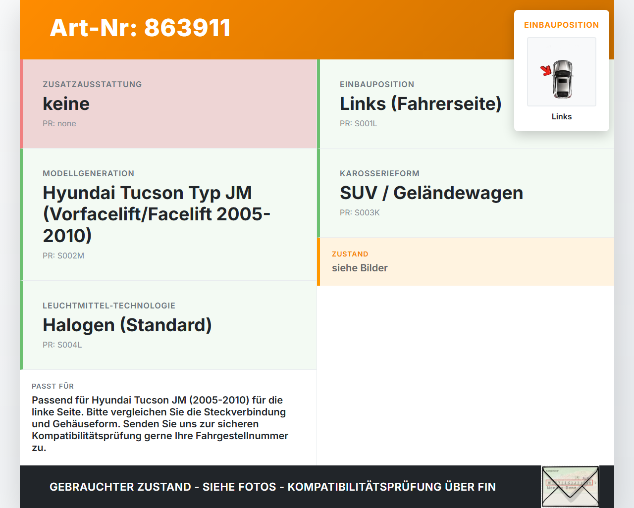Hyundai Tucson JM 05-10 Rückleuchte Rücklicht Heckleuchte Links orig Hyundai Tucson JM 05-10 17.03.2006 gebraucht Vorschau 3