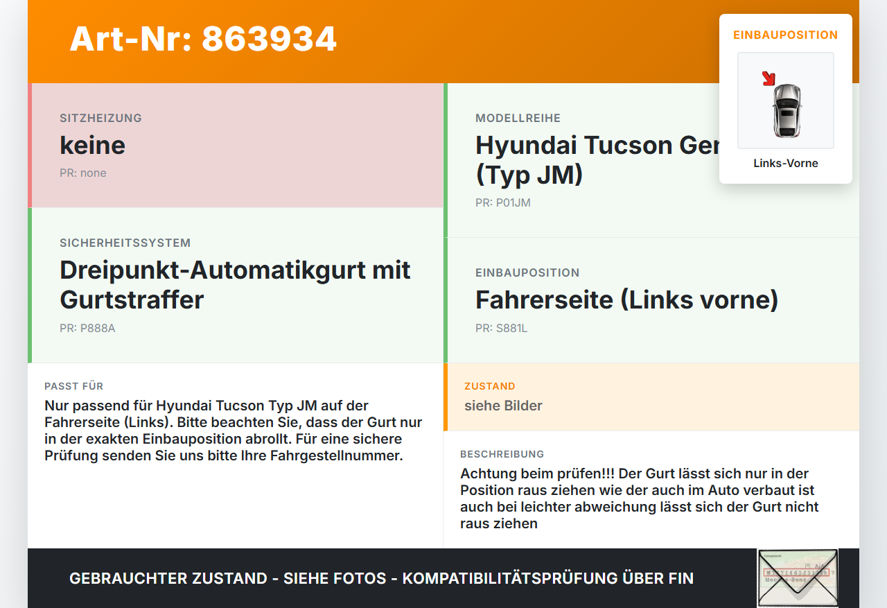 Hyundai Tucson JM 05-10 Gurt Sicherheitsgurt m. Gurtstraffer Fahrer Links Vorne Hyundai Tucson JM 05-10 17.03.2006... Vorschau 3