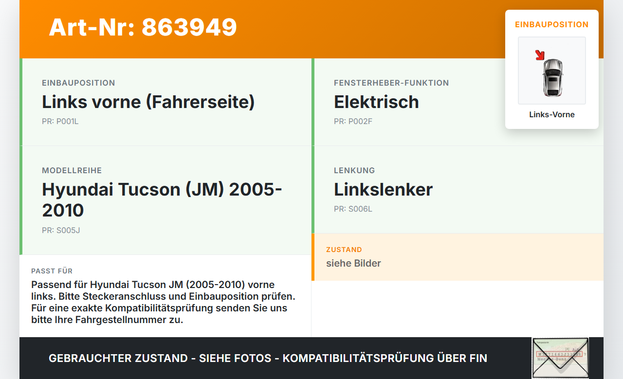Hyundai Tucson JM 05-10 Fensterhebermotor Links Vorne Hyundai Tucson JM 05-10 17.03.2006 gebraucht Vorschau 3