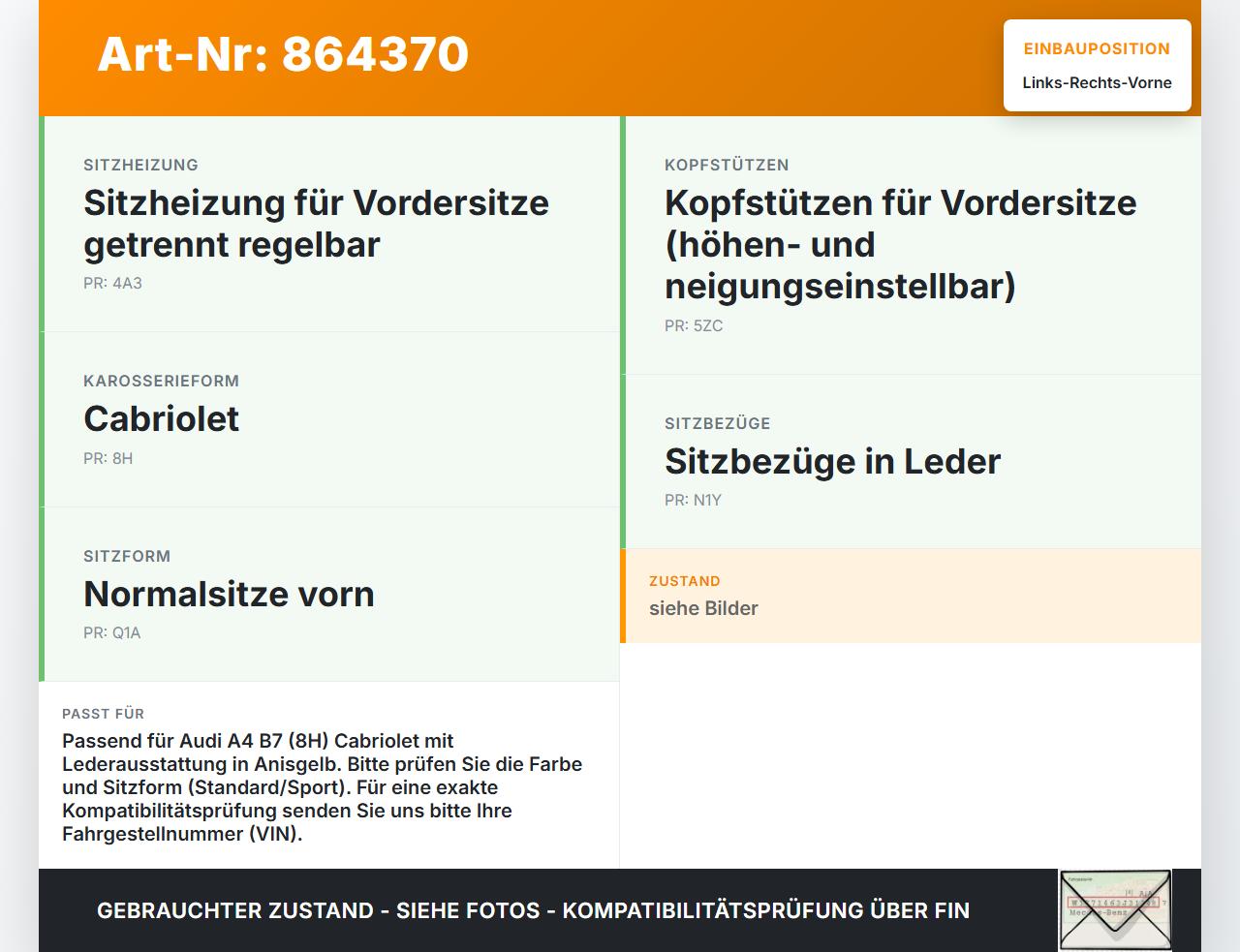 Audi A4 B7 8H Cabrio 06-09 Kopfstütze für Fahrer Sitz Rechts oder Links Vorne Anisgelb Audi A4 B7 8H Cabrio 06-09... Vorschau 3