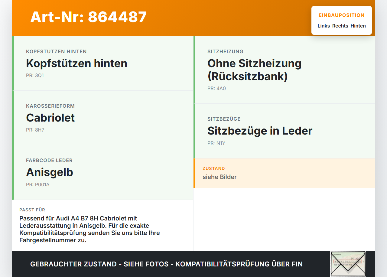 Audi A4 B7 8H Cabrio 06-09 Kopfstütze Rechts oder Links Hinten Leder Anisgelb Audi A4 B7 8H Cabrio 06-09 31.07.2006... Vorschau 3