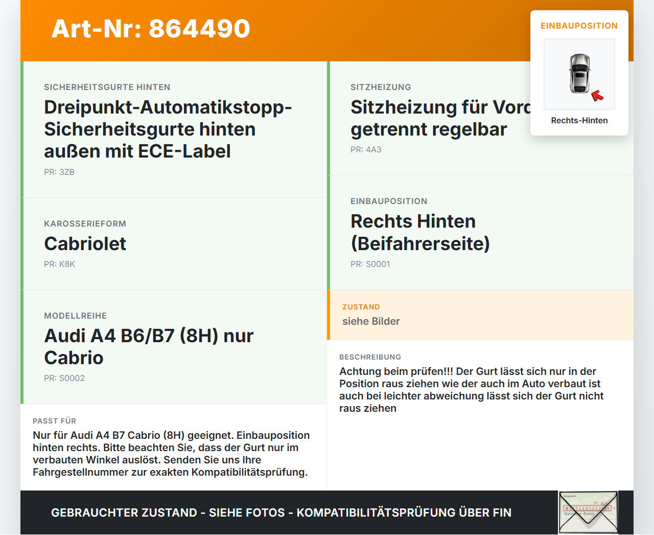 Audi A4 B7 8H Cabrio 06-09 Gurt Sicherheitsgurt Rechts Hinten Audi A4 B7 8H Cabrio 06-09 31.07.2006 8H0857805... Vorschau 3
