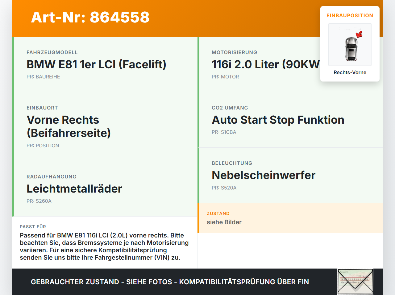 BMW E81 1er 116i LCI 07-13 2,0i 90KW Bremssattel Bremszange Vorne Rechts BMW E81 1er 116i LCI 07-13 11.03.2010 gebraucht Vorschau 3
