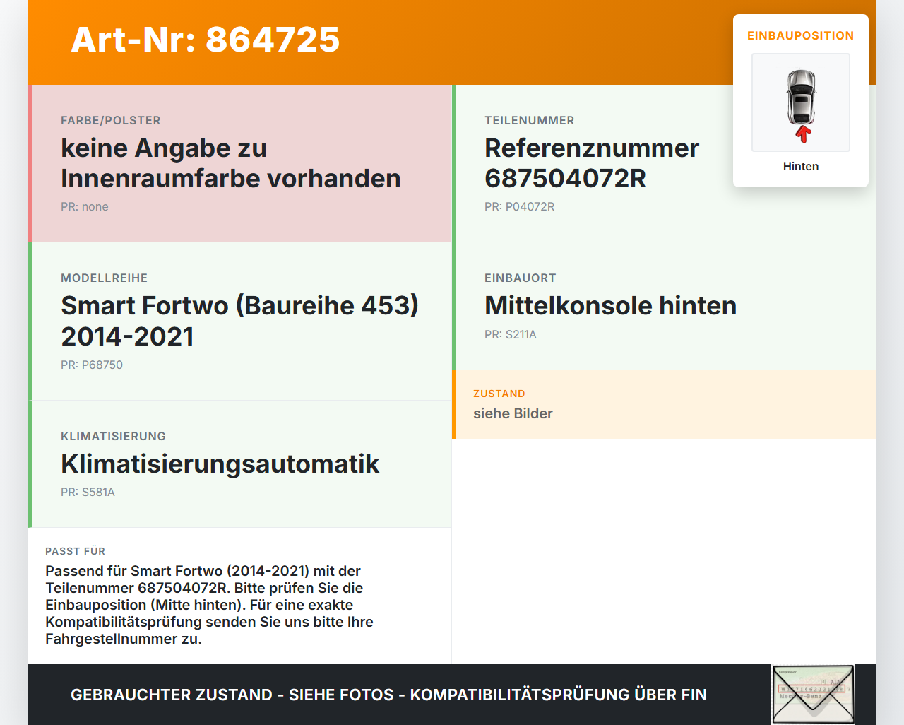 Smart Fortwo Fortwo 14-21 Luftdusche Luftdüse Mitte Hinten Smart Fortwo Fortwo 14-21 28.04.2016 687504072R... Vorschau 3