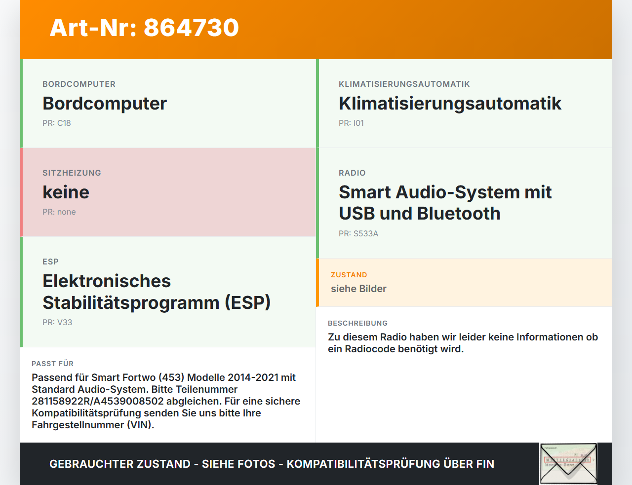 Smart Fortwo Fortwo 14-21 Autoradio USB Radio Smart Fortwo Fortwo 14-21 28.04.2016 A4539008502 281158922R gebraucht Vorschau 3