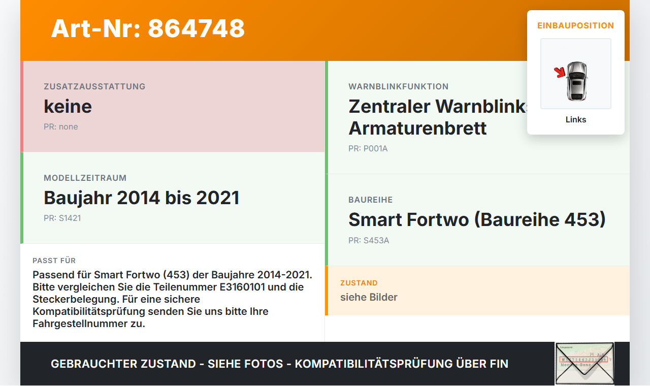 Smart Fortwo Fortwo 14-21 Warnblinkschalter Schalter Smart Fortwo Fortwo 14-21 28.04.2016 E3160101 gebraucht Vorschau 3