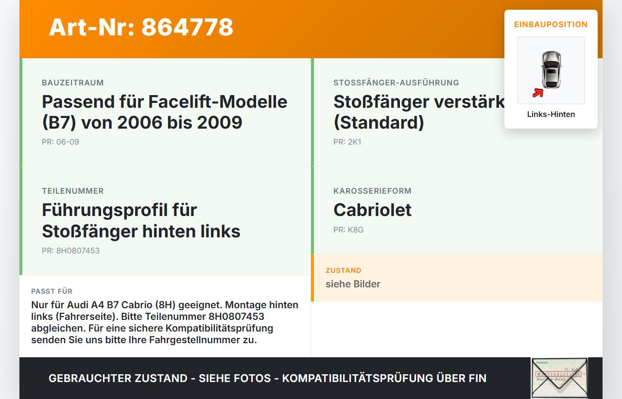 Audi A4 B7 8H Cabrio 06-09 Halter Träger Aufnahme Führung Stoßstange Links Hinten Audi A4 B7 8H Cabrio 06-09... Vorschau 3