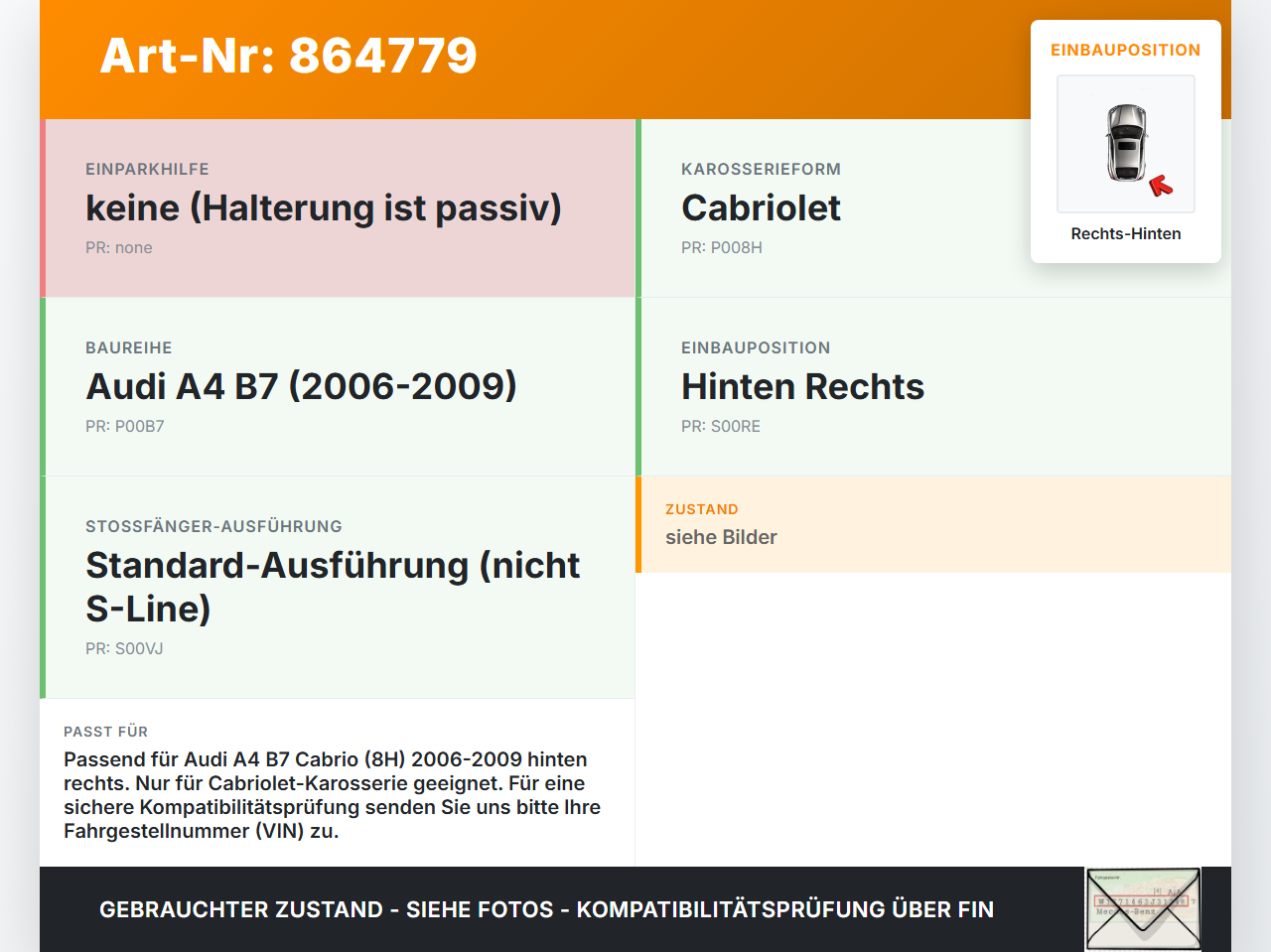 Audi A4 B7 8H Cabrio 06-09 Halter Träger Aufnahme Führung Stoßstange Rechts Hinten Audi A4 B7 8H Cabrio 06-09... Vorschau 3