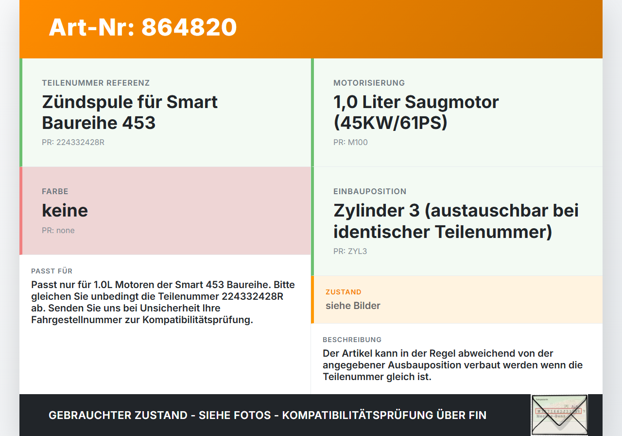 Smart Fortwo Fortwo 14-21 1,0 45KW Zündspule Zyl.3 Smart Fortwo Fortwo 14-21 28.04.2016 224332428R 565A11016 gebraucht Vorschau 3