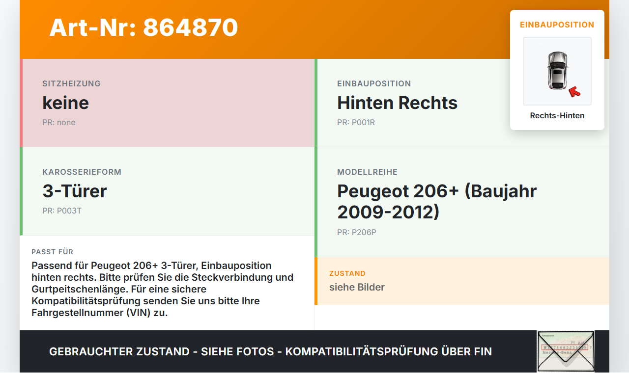 Peugeot 206+ 09-12 3T Gurtschloss Rechts Hinten Peugeot 206+ 09-12 22.04.2010 gebraucht Vorschau 3