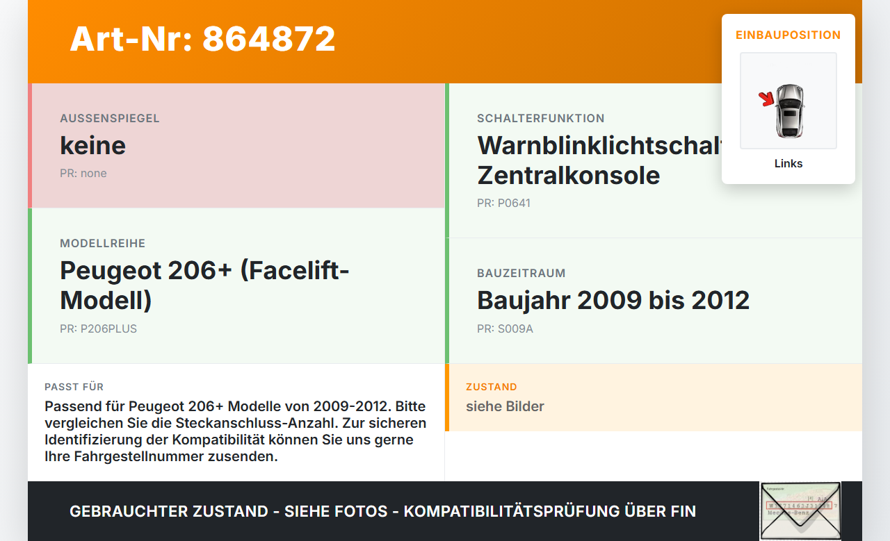 Peugeot 206+ 09-12 Warnblinkschalter Schalter Peugeot 206+ 09-12 22.04.2010 gebraucht Vorschau 3