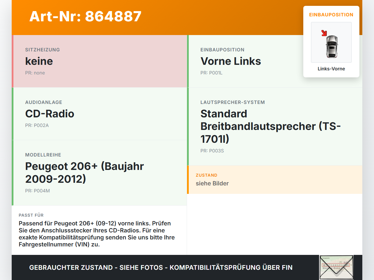 Peugeot 206+ 09-12 Lautsprecher Links Vorne Peugeot 206+ 09-12 22.04.2010 TS-1701I gebraucht Vorschau 3