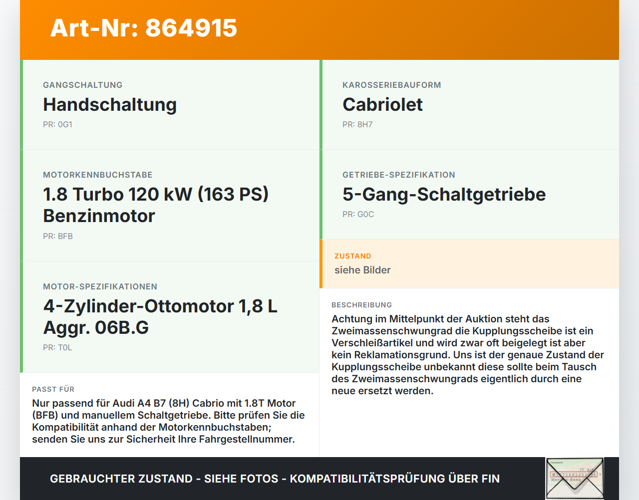 Audi A4 B7 8H Cabrio 06-09 1,8T 120KW BFB Zweimassenschwungrad Schwungrad Audi A4 B7 8H Cabrio 06-09 31.07.2006... Vorschau 3