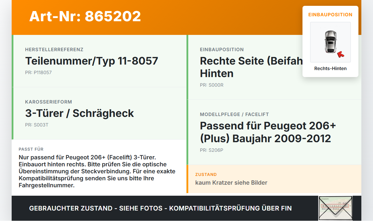 Peugeot 206+ 09-12 3T Rückleuchte Rücklicht Rechts Hinten orig Peugeot 206+ 09-12 22.04.2010 11-8057 gebraucht Vorschau 3