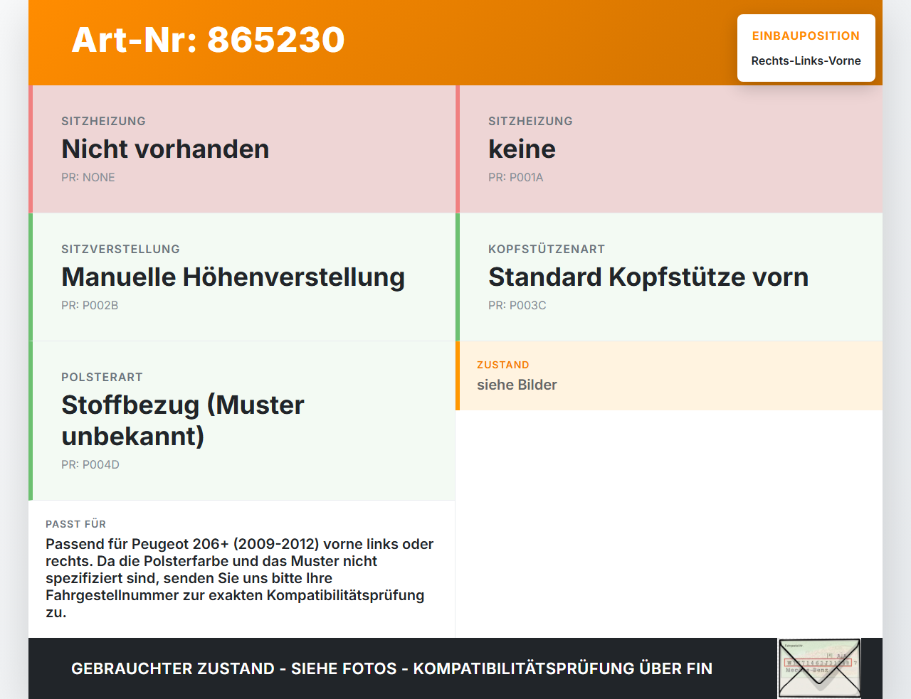 Peugeot 206+ 09-12 Kopfstütze für Fahrer Sitz Rechts oder Links Vorne Peugeot 206+ 09-12 22.04.2010 gebraucht Vorschau 3