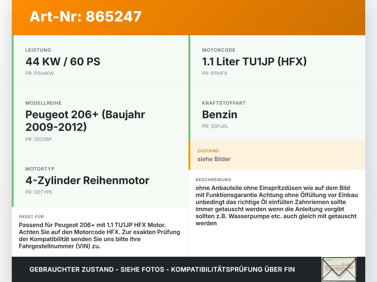 Peugeot 206+ 09-12 1,1 44KW TU1JP HFX Motor Triebwerk Peugeot 206+ 09-12 22.04.2010 gebraucht Vorschau 3