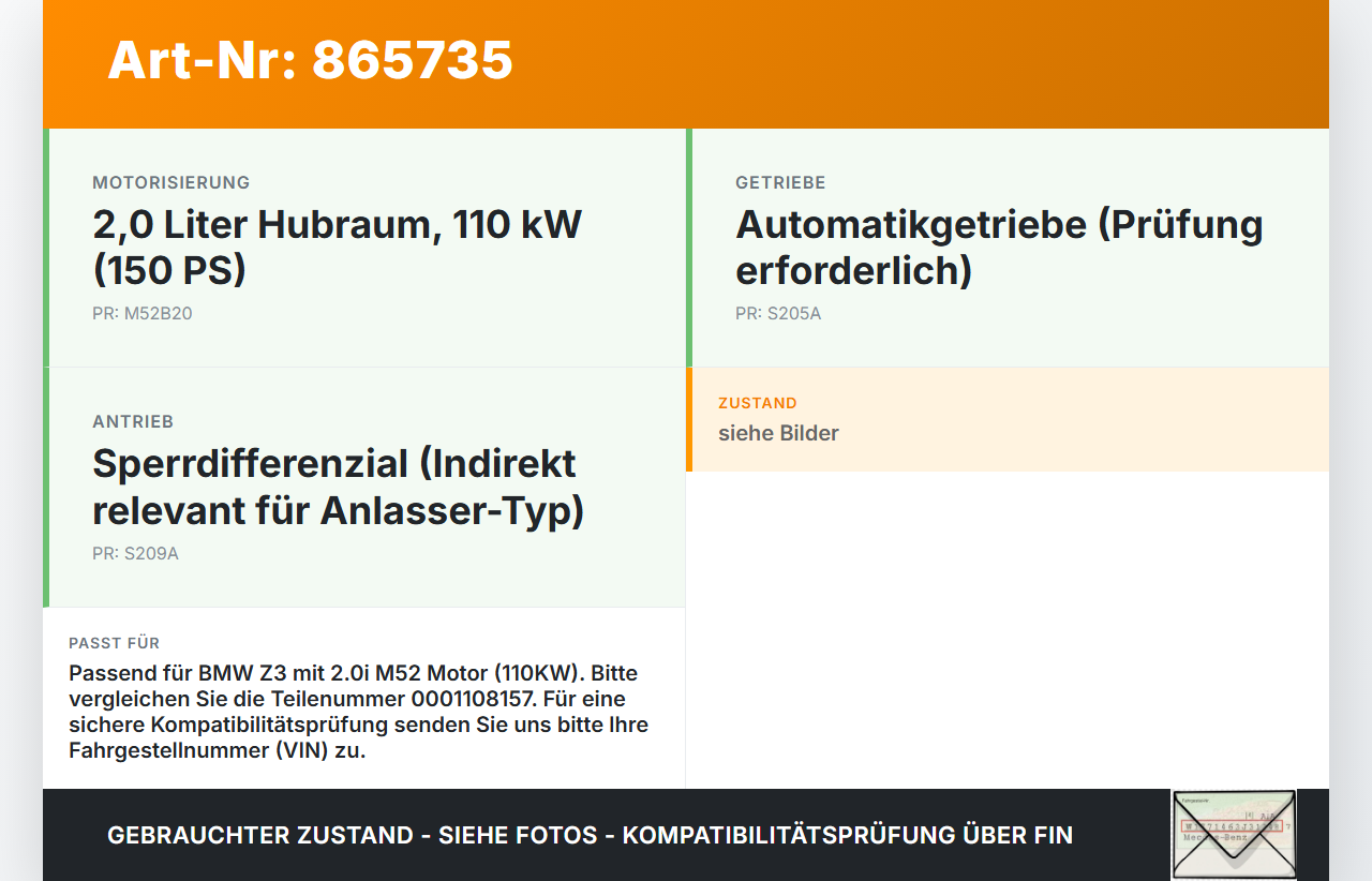 BMW Z3 99-02 2,0i 110KW Anlasser Starter BMW Z3 99-02 11.08.1999 0001108157 1712939.9 gebraucht Vorschau 3
