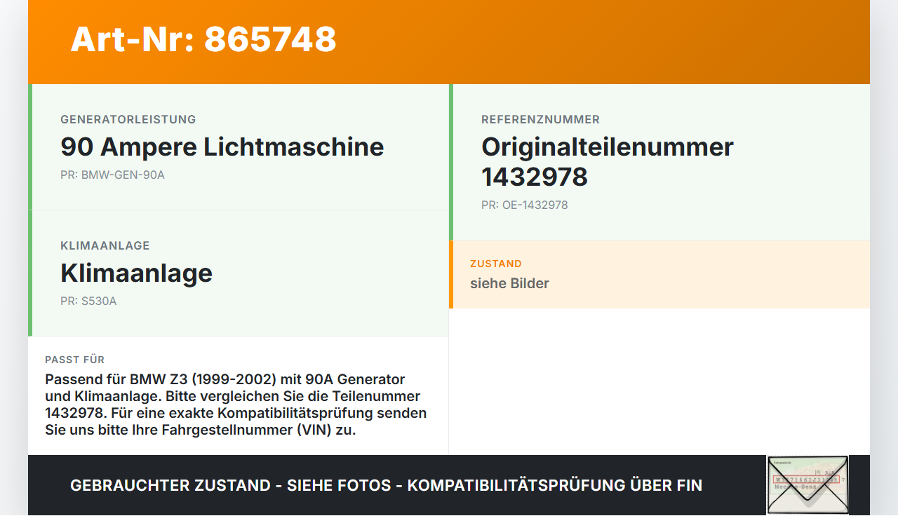 BMW Z3 99-02 Lichtmaschine Generator 90A 14V BMW Z3 99-02 11.08.1999 1432978 gebraucht Vorschau 3