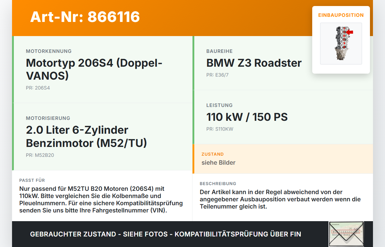 BMW Z3 99-02 2,0i 110KW M52/TU 206S4 Kolben mit Pleuel Pos E BMW Z3 99-02 11.08.1999 gebraucht Vorschau 3