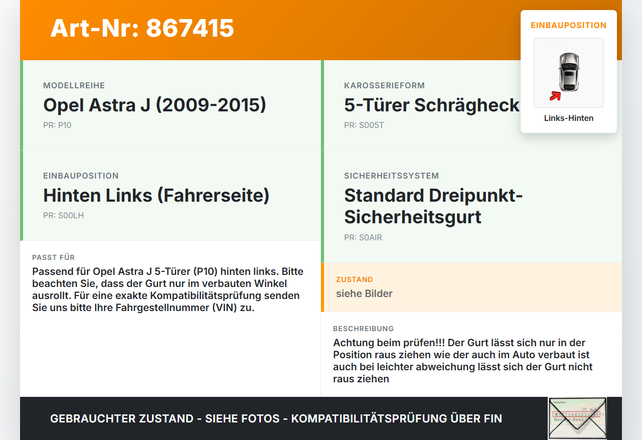 Opel Astra J P10 12-15 5T Gurt Sicherheitsgurt Links Hinten Opel Astra J P10 12-15 14.01.2014 gebraucht Vorschau 3
