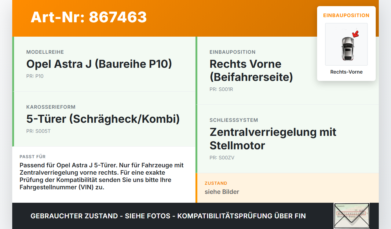 Opel Astra J P10 12-15 5T Türschloss m. ZV Stellmotor Rechts Vorne Opel Astra J P10 12-15 14.01.2014 gebraucht Vorschau 3