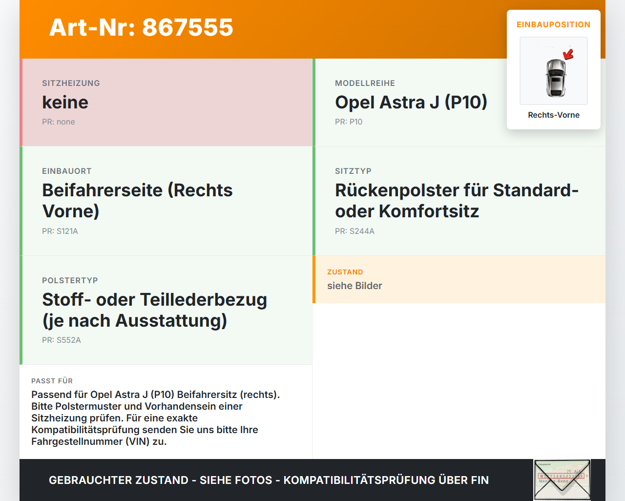 Opel Astra J P10 12-15 5T Sitzbezug Rückenpolster Rechts Vorne für Beifahrer Sitz beheizt Opel Astra J P10 12-15... Vorschau 3