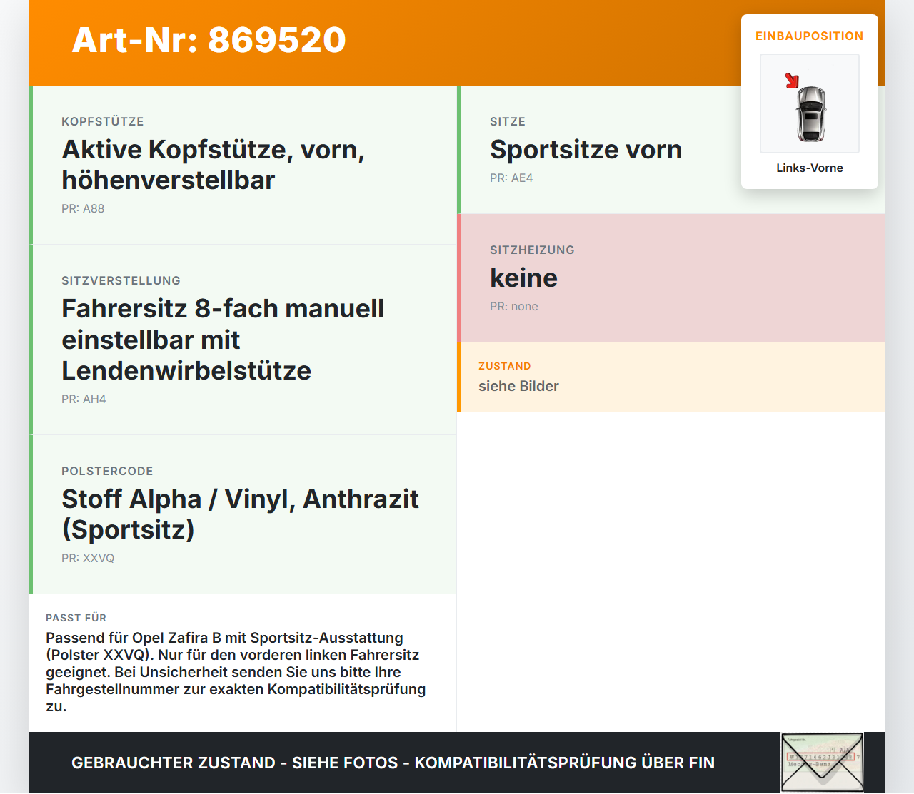 Opel Zafira B A05 05-08 Kopfstütze für Fahrer Sitz Links Vorne Opel Zafira B A05 05-08 29.09.2007 gebraucht Vorschau 3
