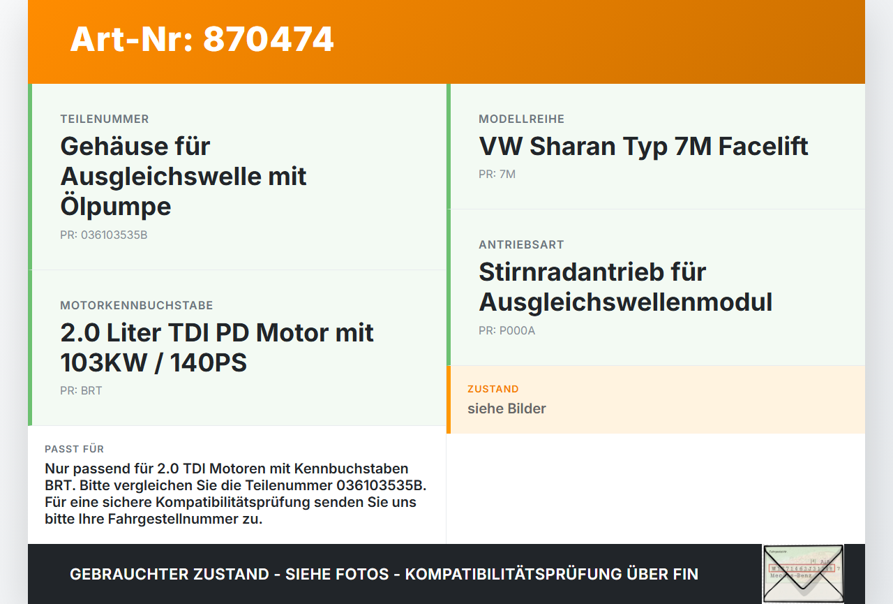 VW Sharan 7M 05-10 TDI 2,0 103KW BRT Ausgleichswelle mit Ölpumpe VW Sharan 7M 05-10 16.11.2009 036103535B gebraucht Vorschau 3