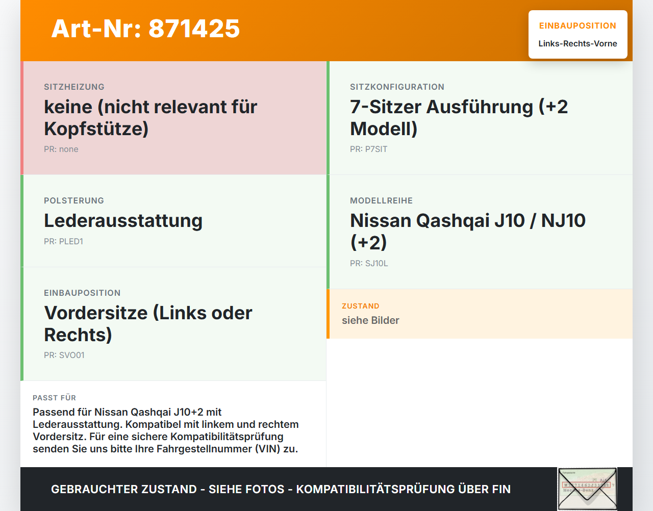 Nissan Qashqai J10 +2 10-13 Kopfstütze für Fahrer Sitz Rechts oder Links Vorne Leder Nissan Qashqai J10 +2 10-13... Vorschau 3