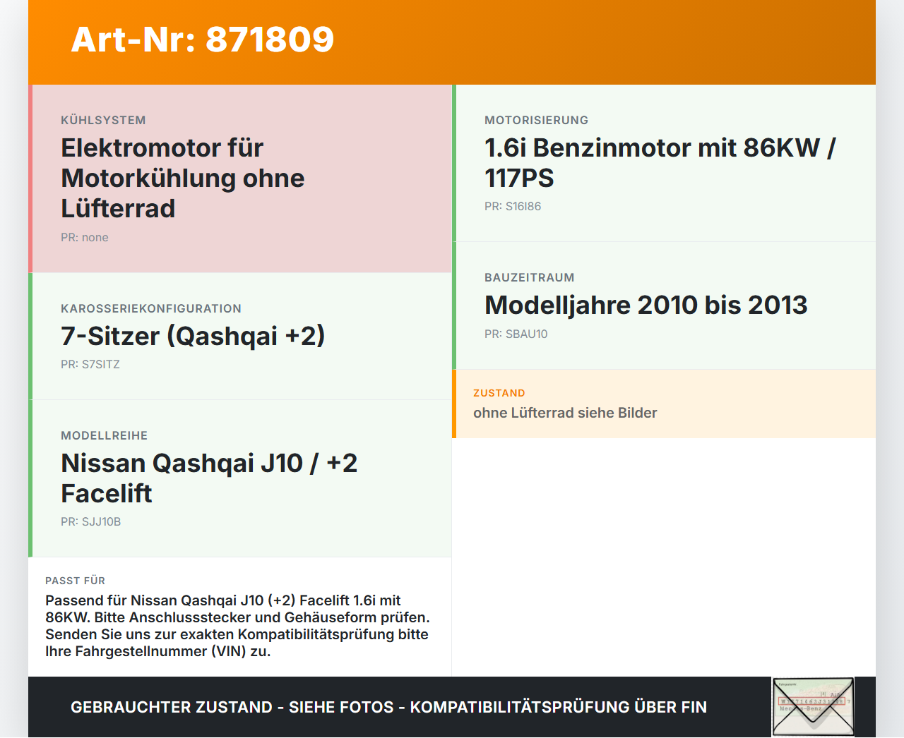 Nissan Qashqai J10 +2 10-13 1,6i 86KW Elektromotor für Lüfter Ventilator Kühler Nissan Qashqai J10 +2 10-13... Vorschau 3