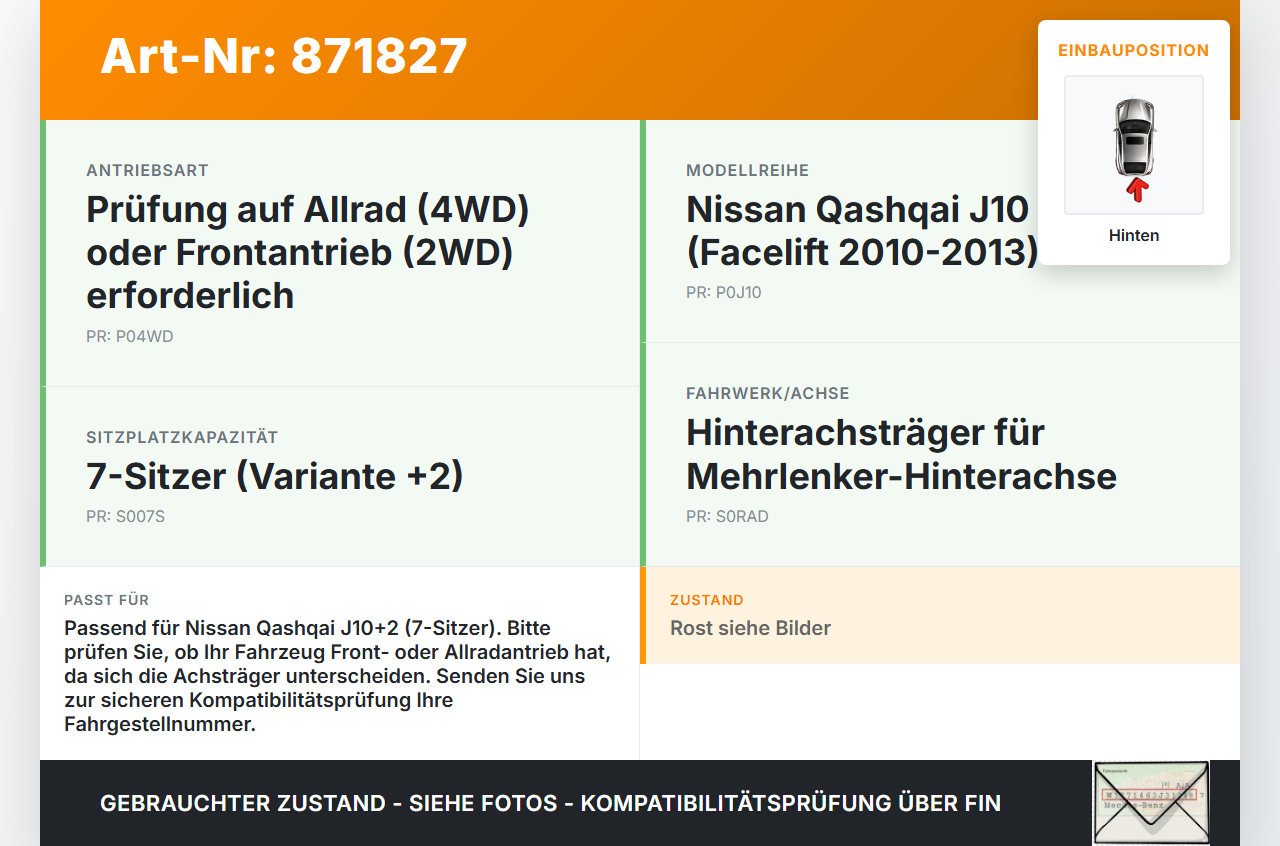 Nissan Qashqai J10 +2 10-13 Hinterachse Achse Achsträger Hinten Nissan Qashqai J10 +2 10-13 22.03.2011 gebraucht Vorschau 3