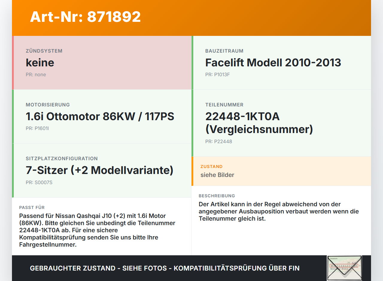Nissan Qashqai J10 +2 10-13 1,6i 86KW Zündspule Zyl.1 Nissan Qashqai J10 +2 10-13 22.03.2011 XIC-AB06N 22448-1KT0A... Vorschau 3