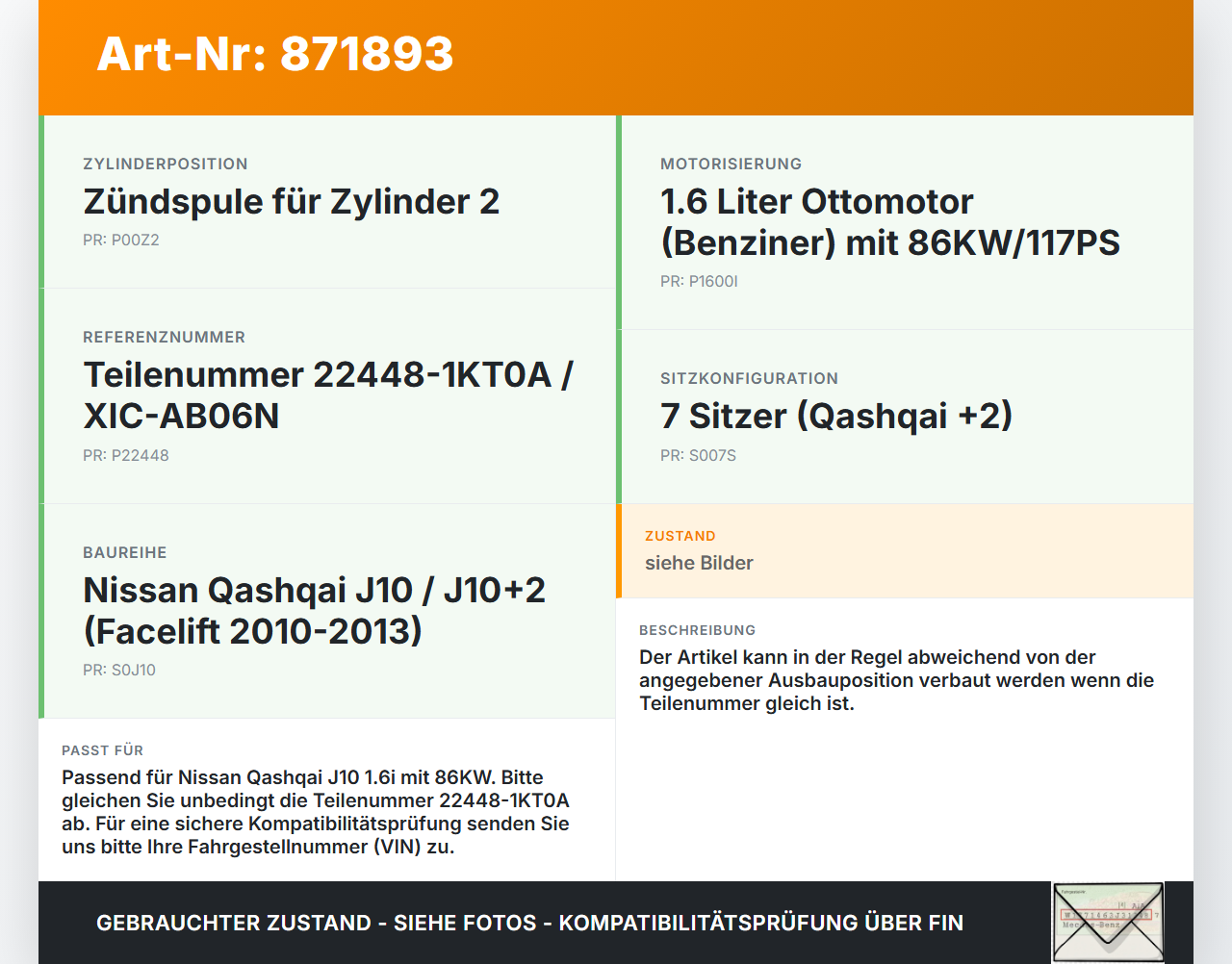 Nissan Qashqai J10 +2 10-13 1,6i 86KW Zündspule Zyl.2 Nissan Qashqai J10 +2 10-13 22.03.2011 XIC-AB06N 22448-1KT0A... Vorschau 3