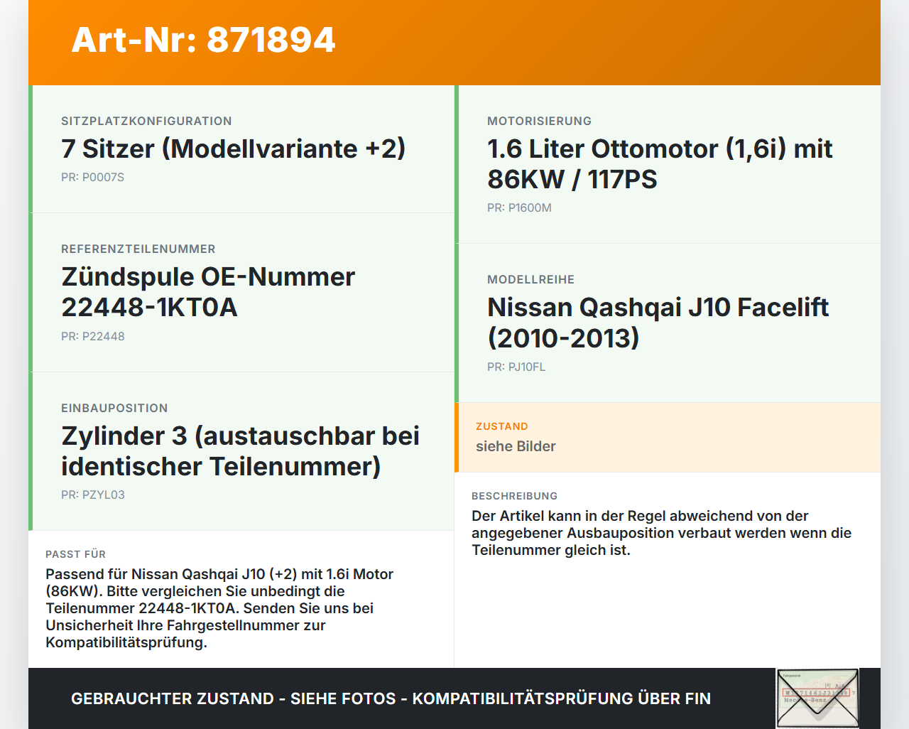 Nissan Qashqai J10 +2 10-13 1,6i 86KW Zündspule Zyl.3 Nissan Qashqai J10 +2 10-13 22.03.2011 XIC-AB06N 22448-1KT0A... Vorschau 3