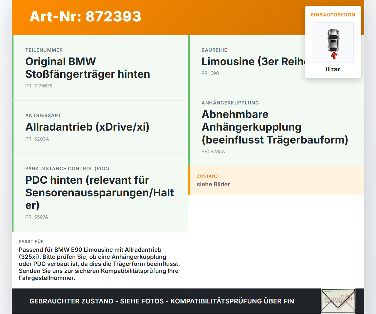 BMW E90 325xi 05-09 Stoßstangenträger Stoßfängerträger Träger Querträger Hinten BMW E90 325xi 05-09 13.04.2007... Vorschau 3