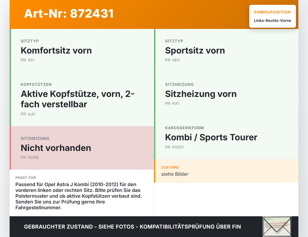Opel Astra J 10-12 Kombi Kopfstütze für Beifahrer Sitz Rechts oder Links Vorne Opel Astra J 10-12 11.02.2011 gebraucht Vorschau 3